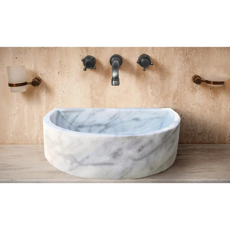 Natural White Marble Vessel Bathroom Sink Round Polished