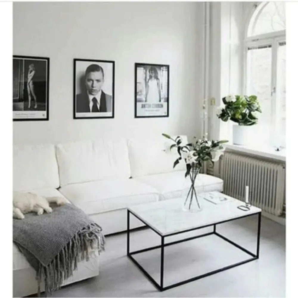 Carrara White Marble Rectangular Coffee Table with Metal Legs