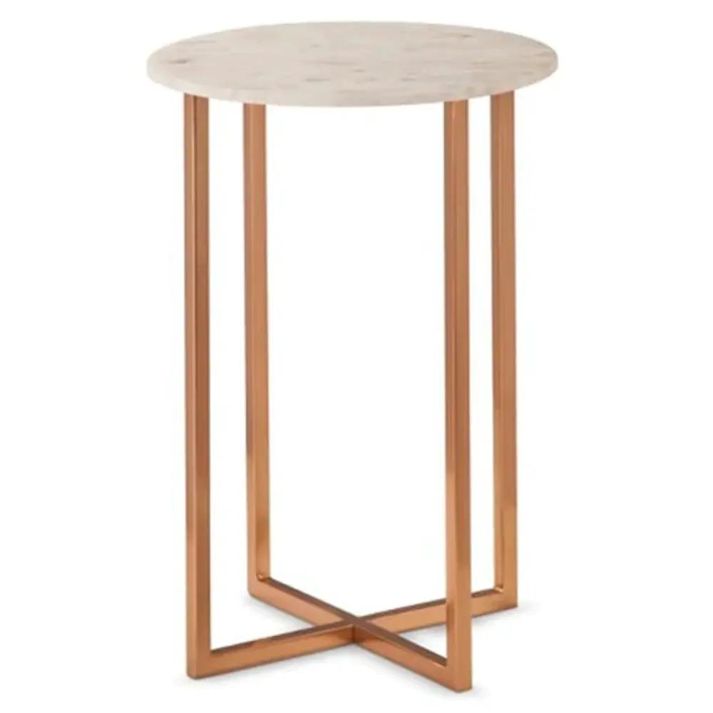 Carrara White Marble Round End Table - Polished Metal Base
