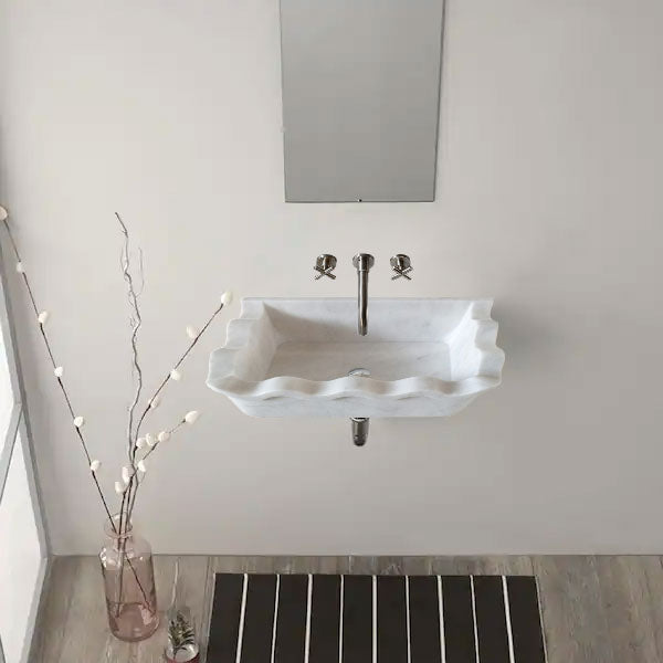 Carrara White Marble Rectangular Bathroom Vessel Sink - Wavy Edges Wall Mount 16x24