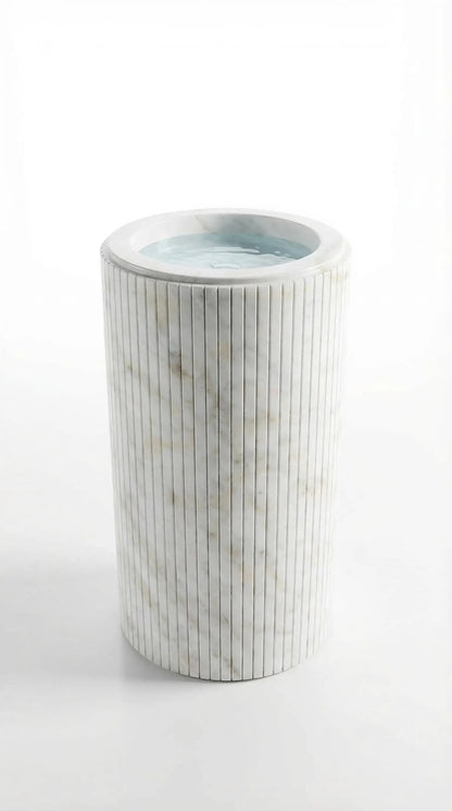 Carrara White Marble Fluted Pedestal Bathroom Sink With 18 Inch Round
