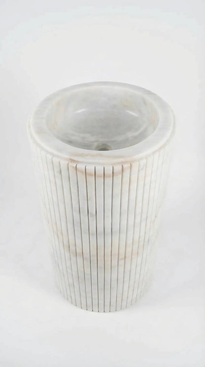Carrara White Marble Fluted Pedestal Bathroom Sink With 18 Inch Round