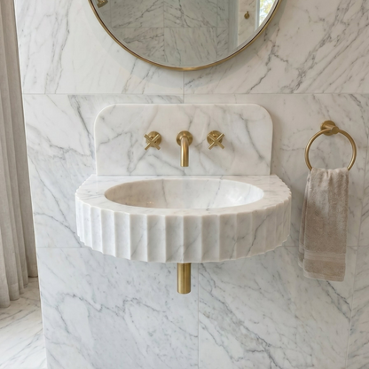 Carrara White Marble Wall-mount Bathroom Sink Fluted Front (W)16" (L)24" (H)6"