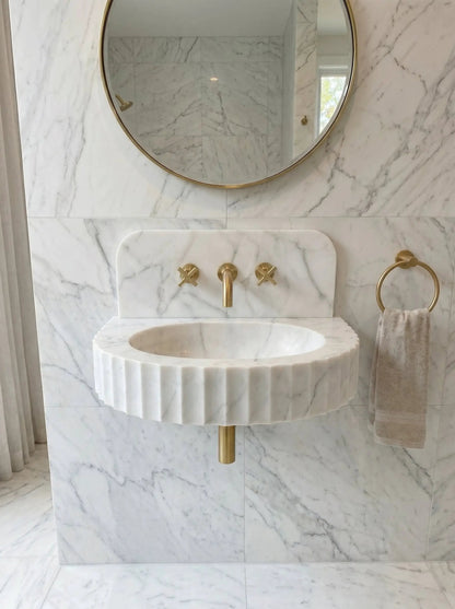 Custom Carrara White Marble Wall Mount Bathroom Sink With Fluted Front Design
