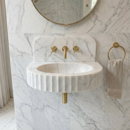 Custom Carrara White Marble Wall Mount Bathroom Sink With Fluted Front Design