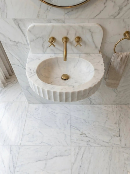Custom Carrara White Marble Wall Mount Bathroom Sink With Fluted Front Design