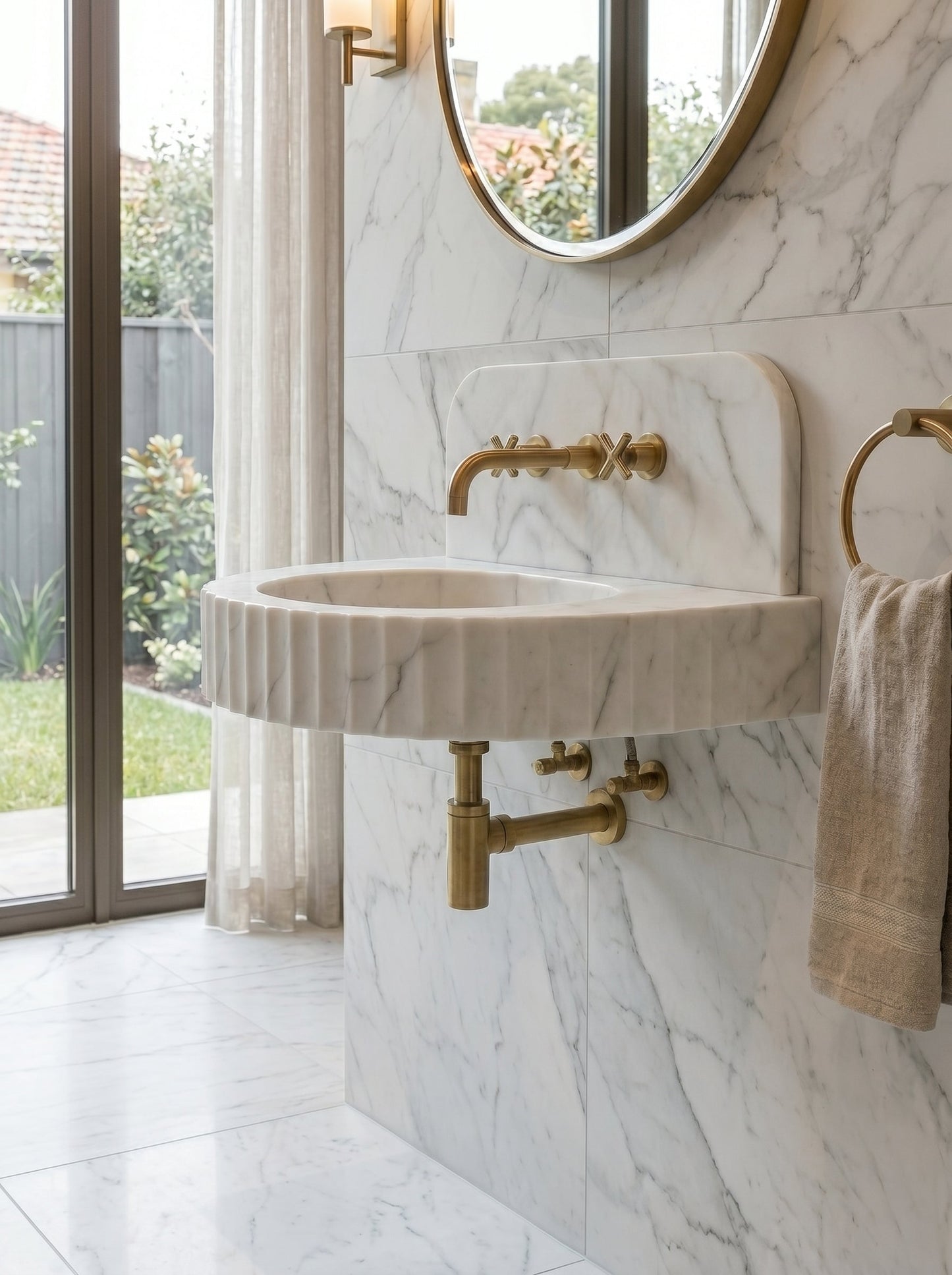 Carrara White Marble Wall-mount Bathroom Sink Fluted Front (W)16" (L)24" (H)6"