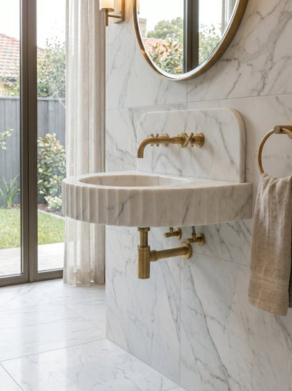 Carrara White Marble Wall-mount Bathroom Sink Fluted Front (W)16" (L)24" (H)6"