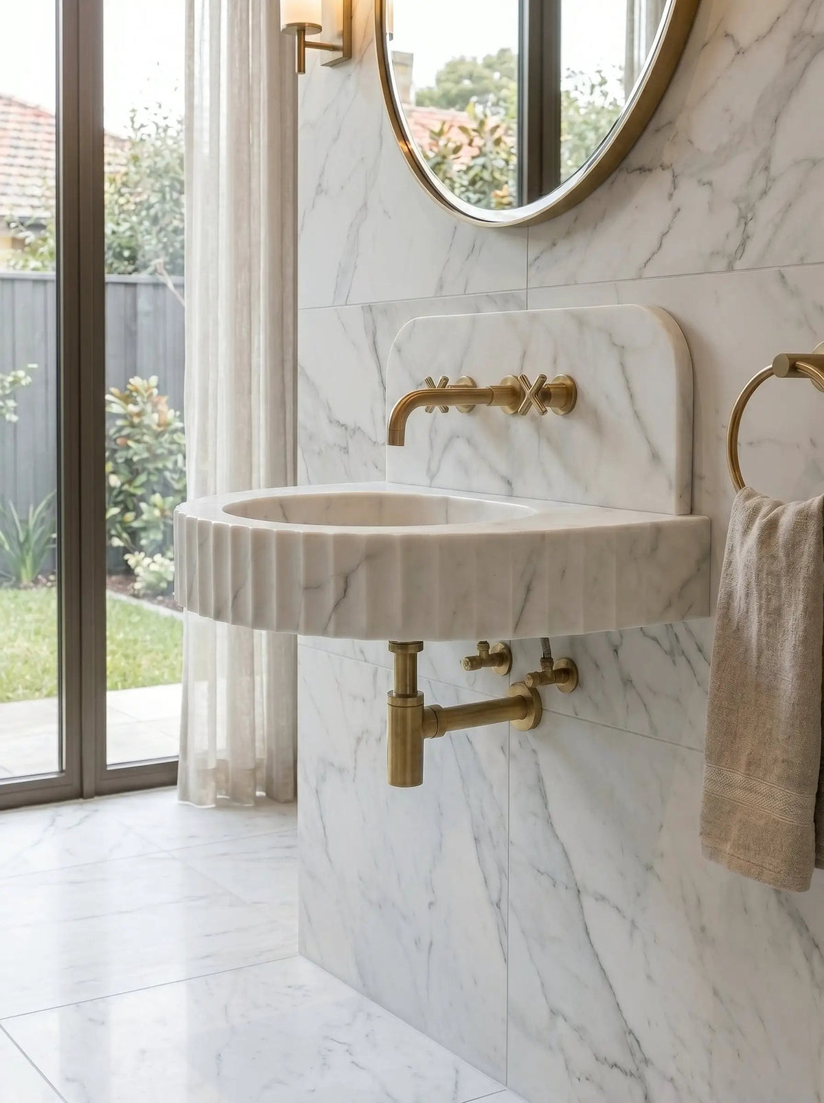 Custom Carrara White Marble Wall Mount Bathroom Sink With Fluted Front Design