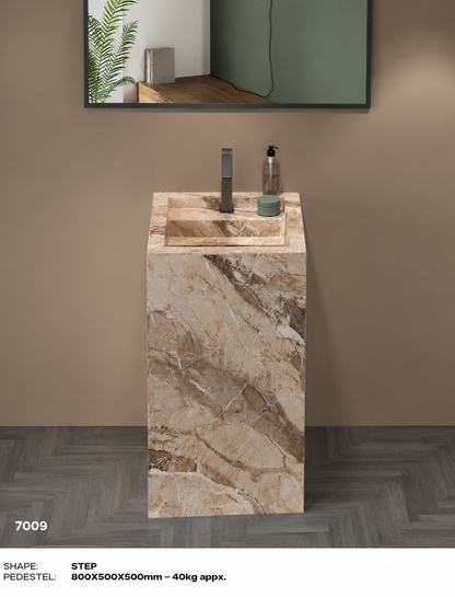 Luxury Travertine-Look Textured Solid Surface Freestanding Bathroom Sink, Modern Cylindrical Pedestal Column – NACS Collection