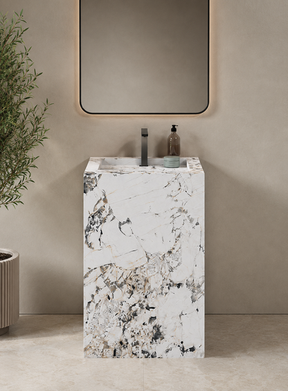 Acura Grey Luxury Marble-Look Engineered Stone Stand-alone Pedestal Bathroom Sink, Tiered Monolithic Design – NACS Collection
