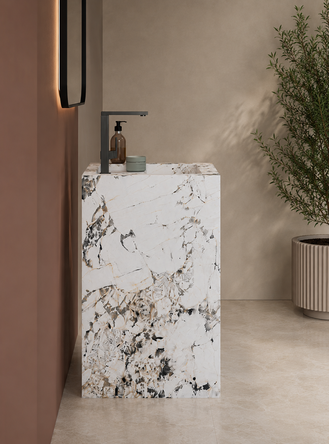 Acura Grey Luxury Marble-Look Engineered Stone Stand-alone Pedestal Bathroom Sink, Tiered Monolithic Design – NACS Collection