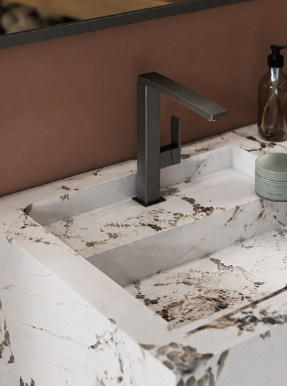 Acura Grey Luxury Marble-Look Engineered Stone Stand-alone Pedestal Bathroom Sink, Tiered Monolithic Design – NACS Collection