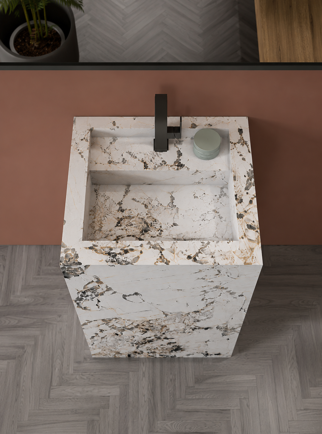 Acura Grey Luxury Marble-Look Engineered Stone Stand-alone Pedestal Bathroom Sink, Tiered Monolithic Design – NACS Collection