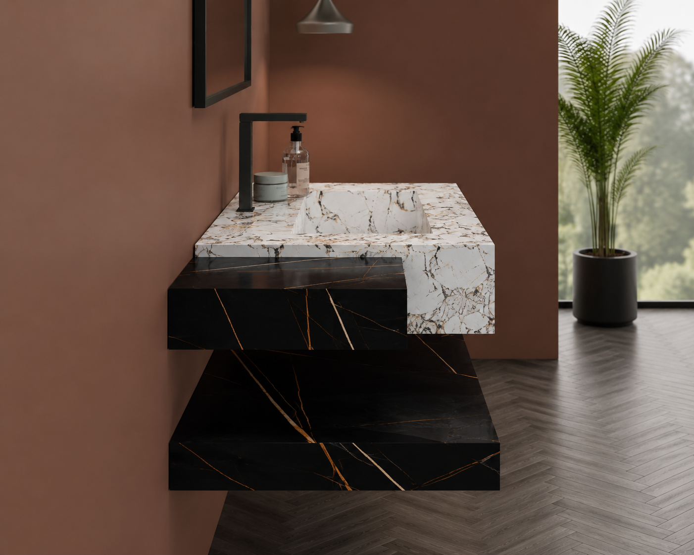 Acura Grey Luxury Marble-Look Wall-Mount Bathroom Sink, Dual-Tier Floating Vanity & Shelf Set – NACS Collection