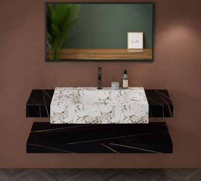 Acura Grey Luxury Marble-Look Wall-Mount Bathroom Sink, Dual-Tier Floating Vanity & Shelf Set – NACS Collection