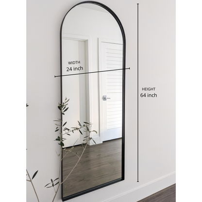 64"x24" Black Metal Arched Wall Mirror, Thin Edge Full Length, Deep Set Mirror MB6424