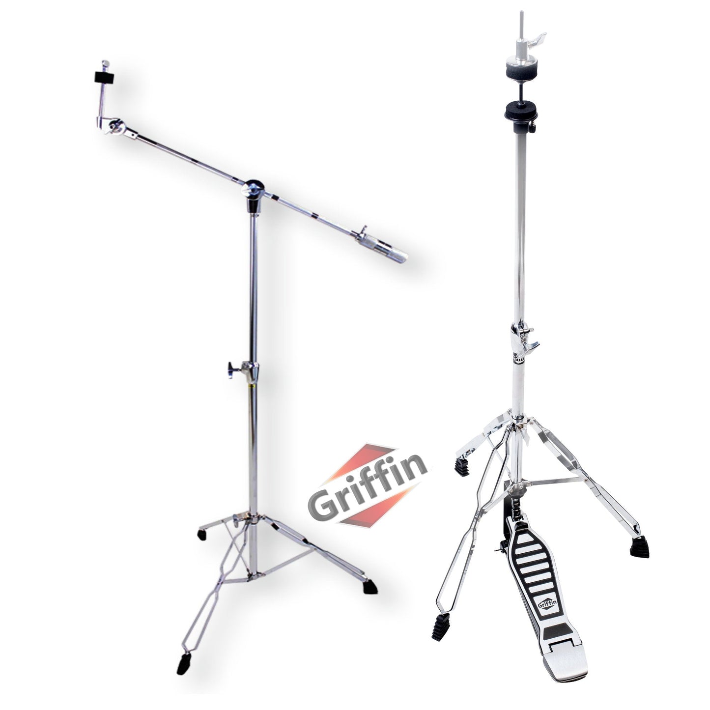 Deluxe PACK Set -  Hi-Hat Stand & Cymbal Boom Stand Kit (2x Stands) by GRIFFIN - Hi-Hat Pedal with Pull Chain, Chrome Double-Braced Legs & Counterweight Adapter for Crash, Ride & Splash Cymbals