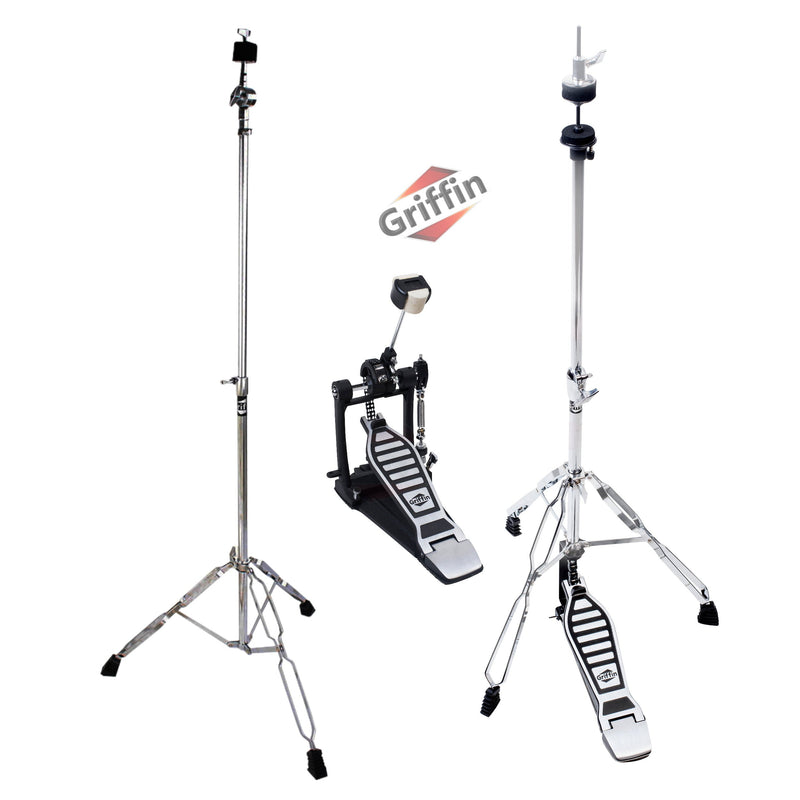 Hi-Hat Stand, Kick Drum Pedal & Straight Cymbal Stand Kit (3 Piece Set) by GRIFFIN - Deluxe Full-Size Percussion Chrome Hardware Set, Lightweight & Portable for Drummer Gigs