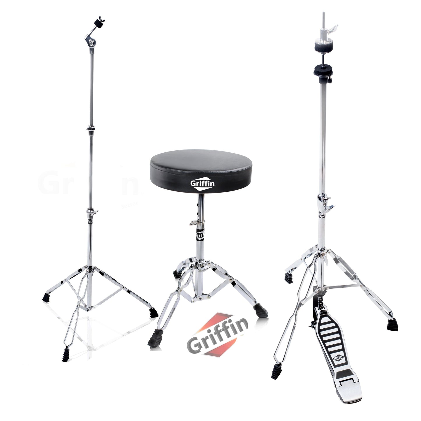 GRIFFIN Drum Hardware 3 PACK - Hi-Hat Stand, Drummers Throne Seat & Straight Cymbal Stand | Deluxe Chrome Slip-Proof Gear Holder Percussion Set for Mounting Medium-Duty Crash, Ride & Splash Cymbals