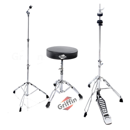 GRIFFIN Drum Hardware 3 PACK - Hi-Hat Stand, Drummers Throne Seat & Straight Cymbal Stand | Deluxe Chrome Slip-Proof Gear Holder Percussion Set for Mounting Medium-Duty Crash, Ride & Splash Cymbals