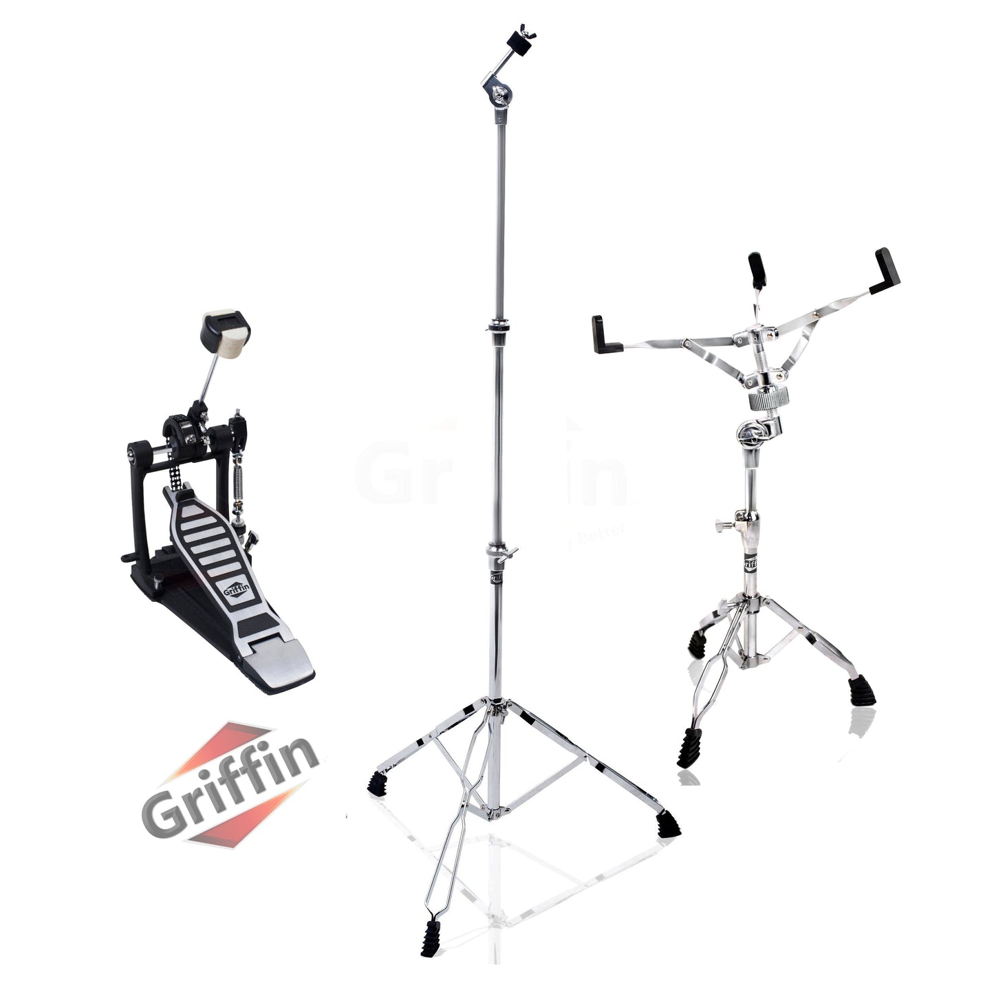 Drum Hardware Set 3 PACK by GRIFFIN - Kick Drum Pedal, Snare Stand & Straight Cymbal Stand | Deluxe Double Chain Full Steel Foot Pedal for Intense Play | Slip-Proof Gear Tilter & Clamp Basket Holder