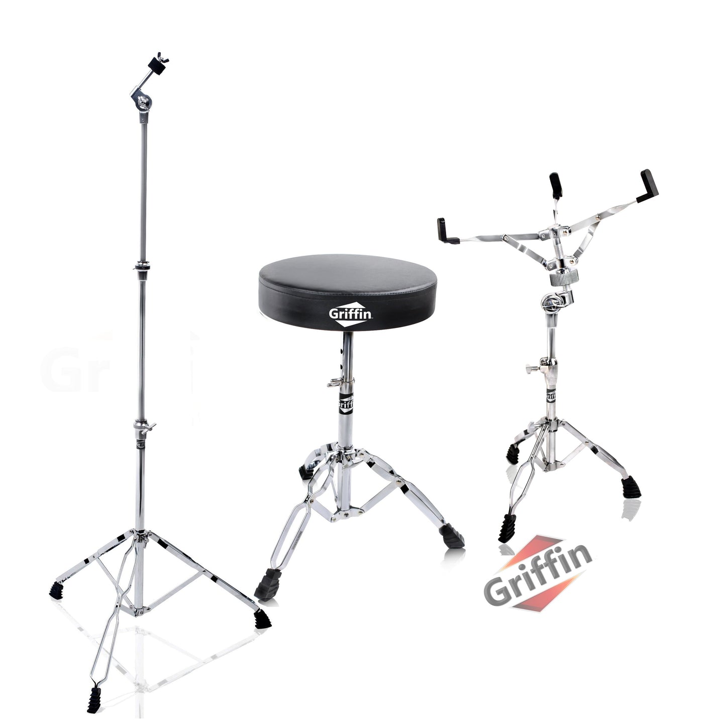 Drummers Throne Seat, Snare Drum Stand & Straight Cymbal Stand Hardware Set 3 PACK by GRIFFIN | Comfortable Percussion Chair for Adults | Light Weight Mount for Standard Drums, Tom-Toms & Practice Pad