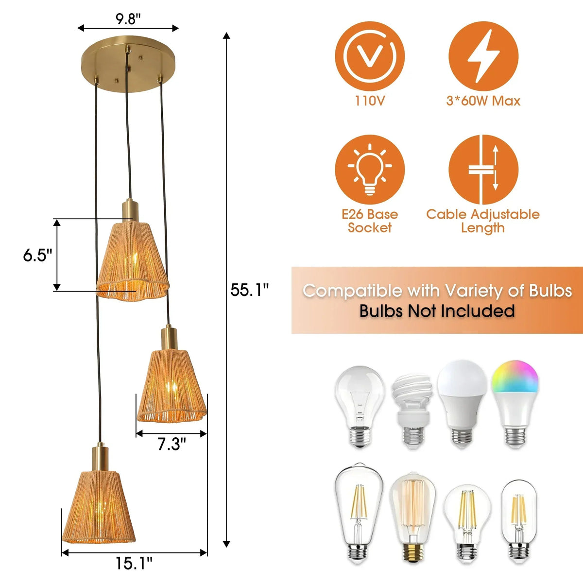 15 Inch Merle 3-Light Island Pendant Light, view 12