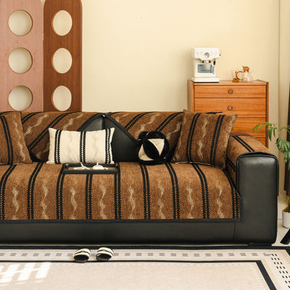 Non-Slip Sofa Cover with Thick Chenille Texture Woven Stripe Couch Protector Throw