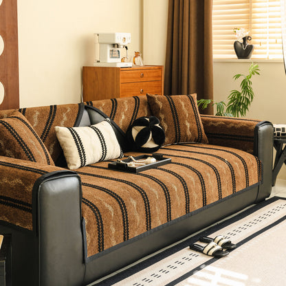 Non-Slip Sofa Cover with Thick Chenille Texture Woven Stripe Couch Protector Throw