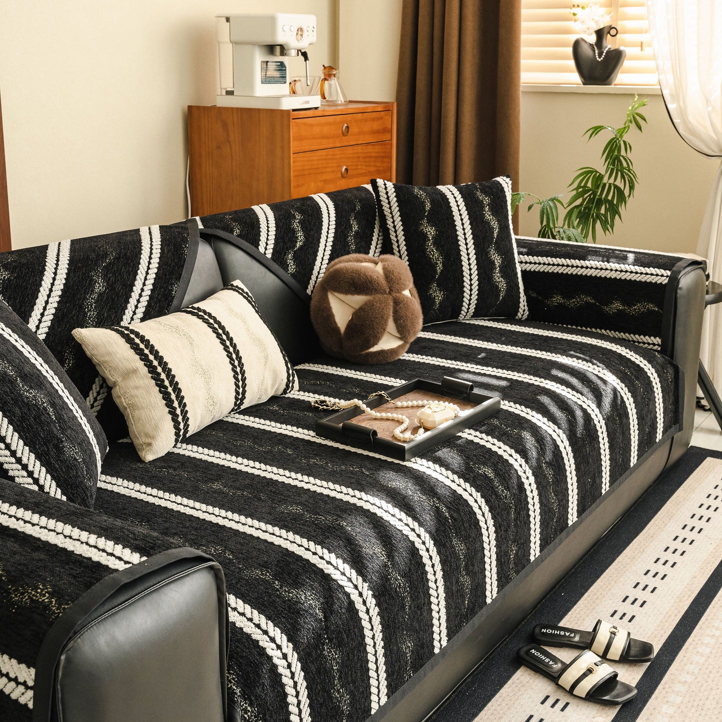 Non-Slip Sofa Cover with Thick Chenille Texture Woven Stripe Couch Protector Throw