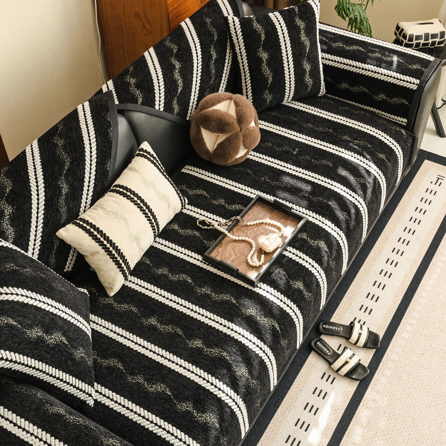 Non-Slip Sofa Cover with Thick Chenille Texture Woven Stripe Couch Protector Throw