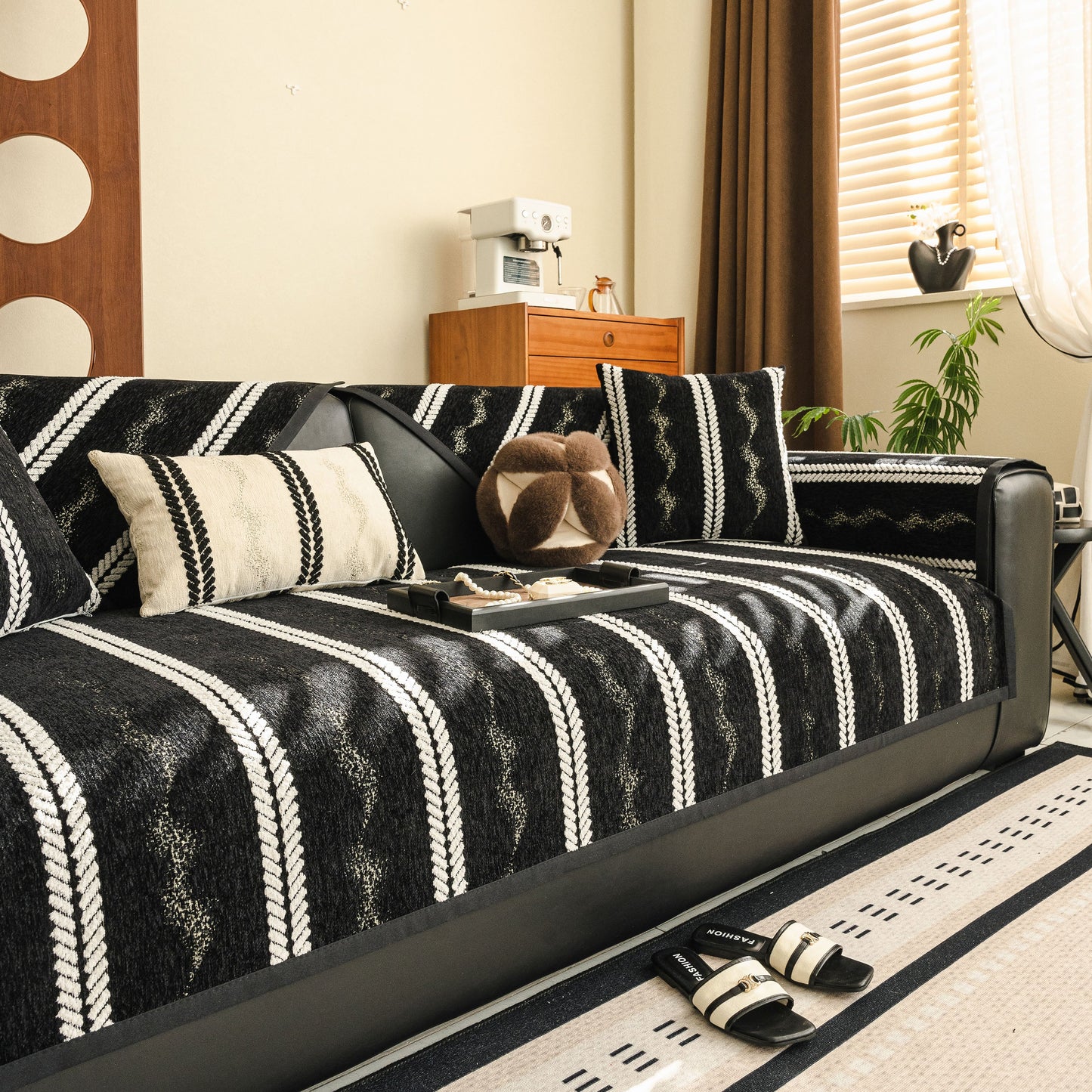 Non-Slip Sofa Cover with Thick Chenille Texture Woven Stripe Couch Protector Throw