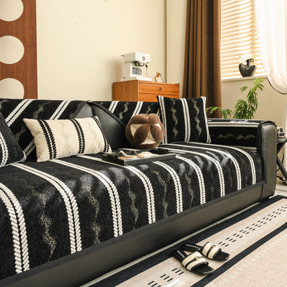 Non-Slip Sofa Cover with Thick Chenille Texture Woven Stripe Couch Protector Throw