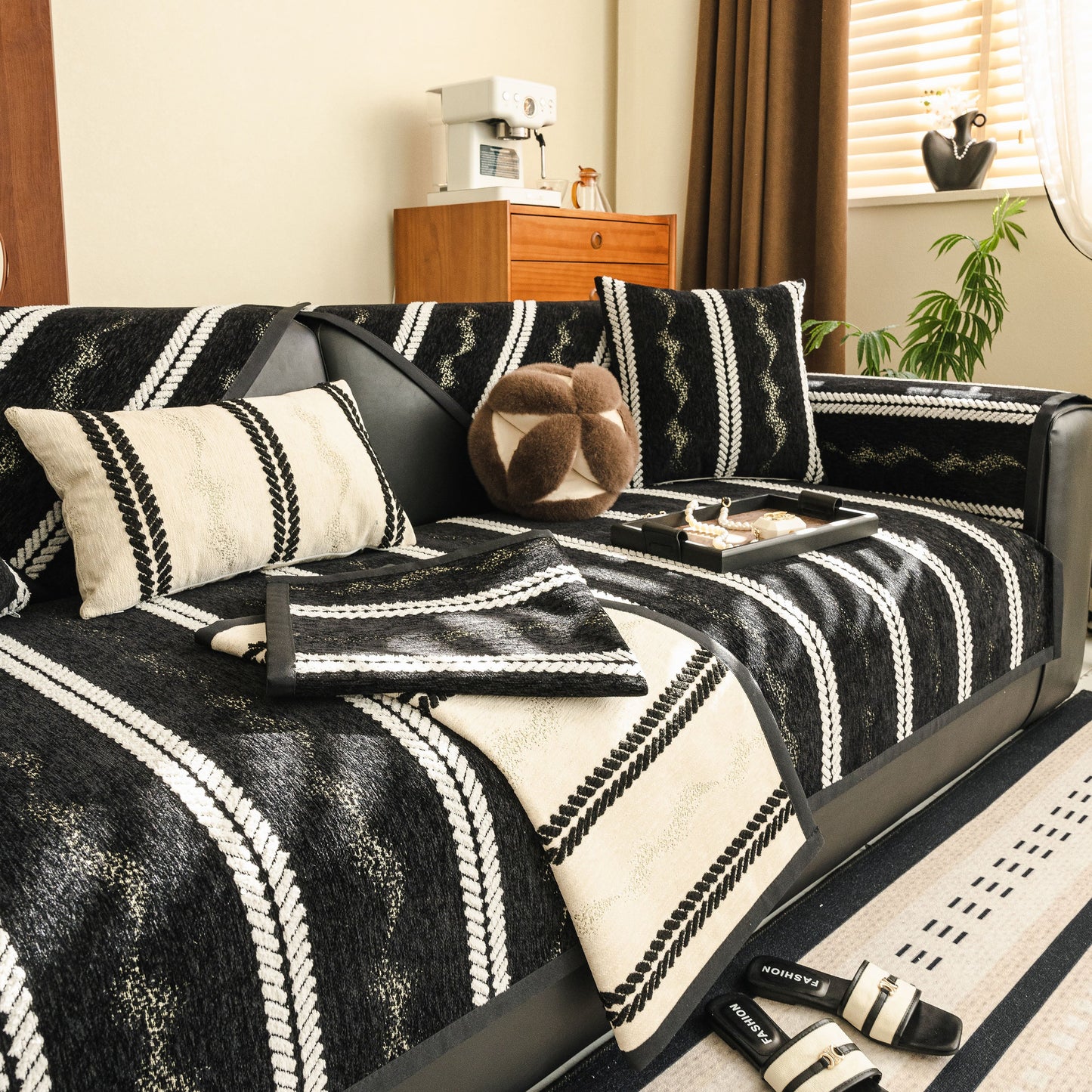 Non-Slip Sofa Cover with Thick Chenille Texture Woven Stripe Couch Protector Throw