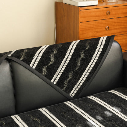 Non-Slip Sofa Cover with Thick Chenille Texture Woven Stripe Couch Protector Throw