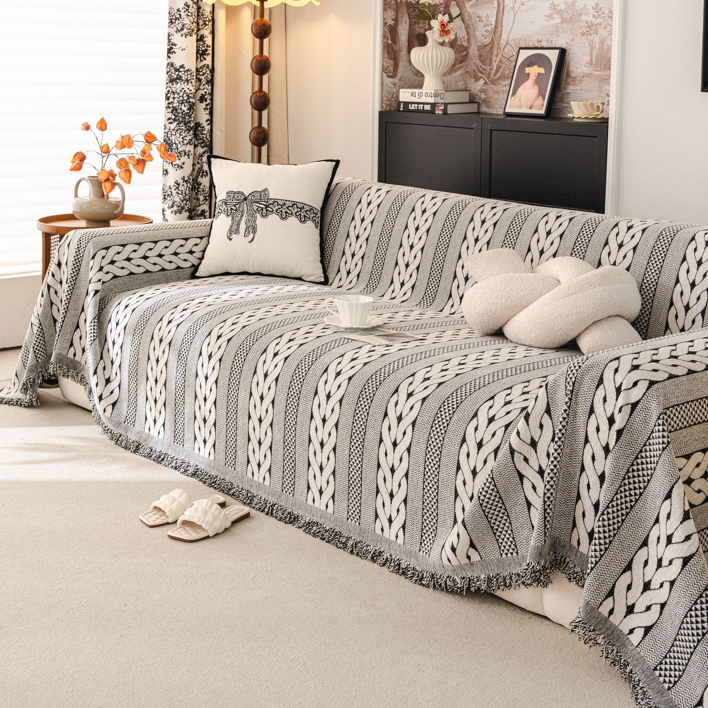 Sofa Cover Blanket Throw with Tassels, Decorative Furniture Protector for Dogs/Pets