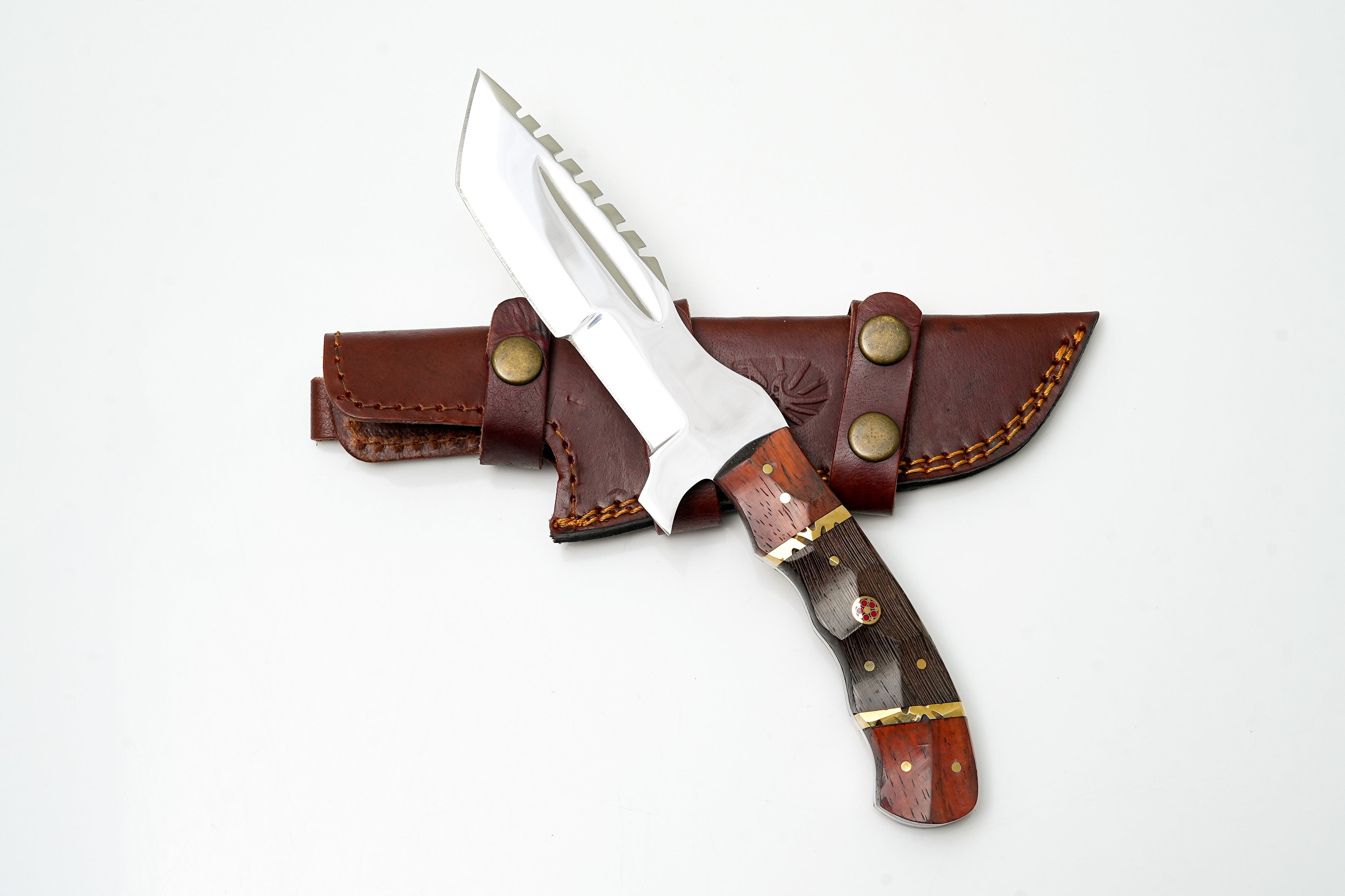 D2 Steel Survival Knife | Sawback Blade & Scout Carry Sheath | Custom Grooved Wood Handle TK-464