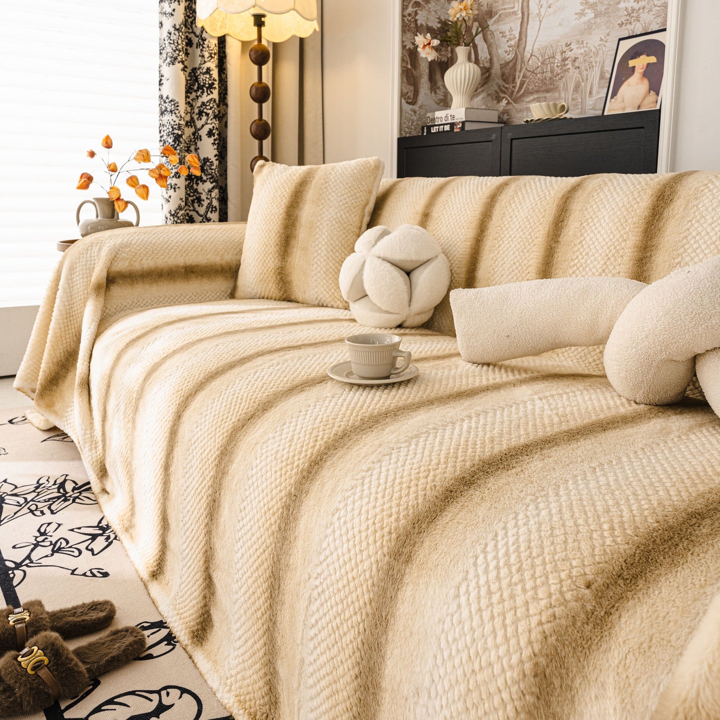 Faux Fur Sofa Cover Washable Furniture Protector for Sectional Warm & Fuzzy Slipcover