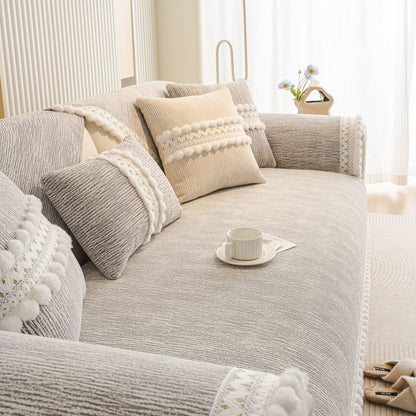 Soft Chenille Sectional Sofa Cover with Pom Pom Trim – Non-Slip Couch Protector