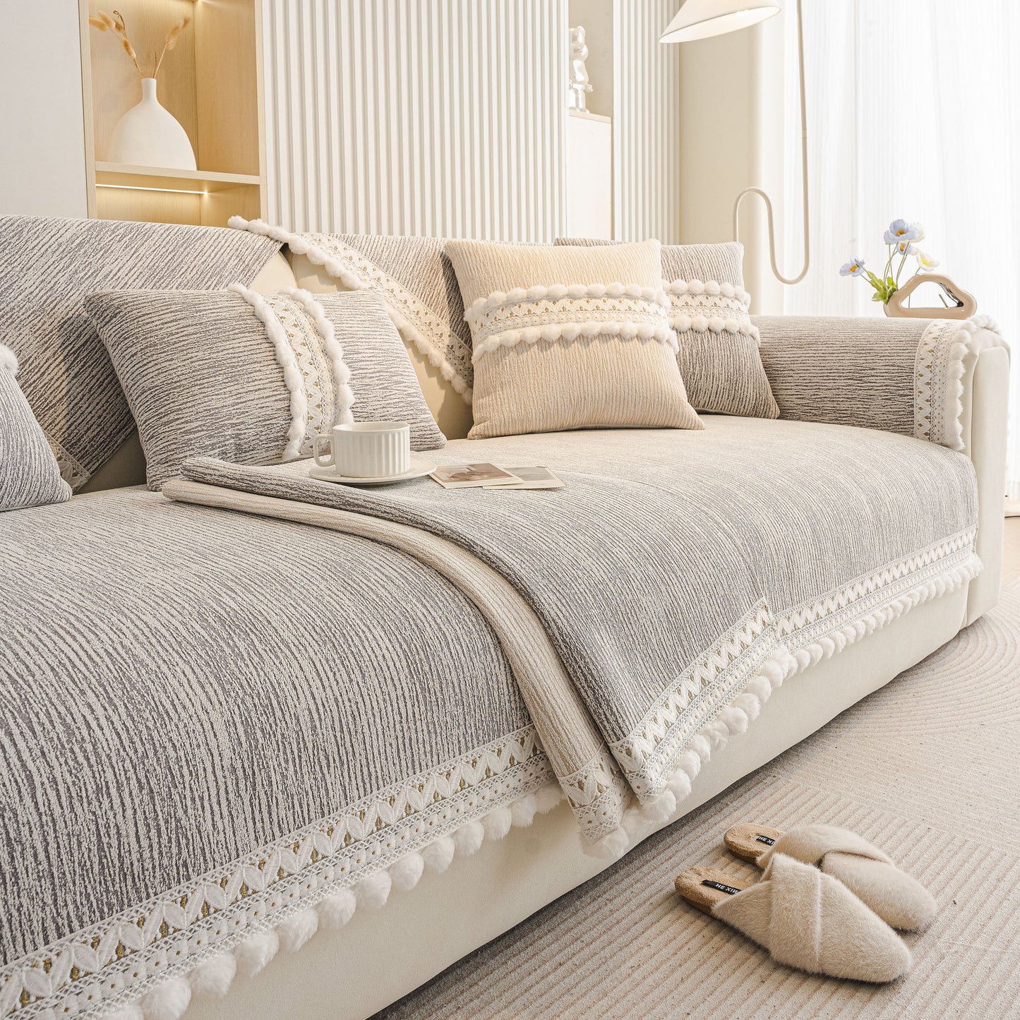 Soft Chenille Sectional Sofa Cover with Pom Pom Trim – Non-Slip Couch Protector