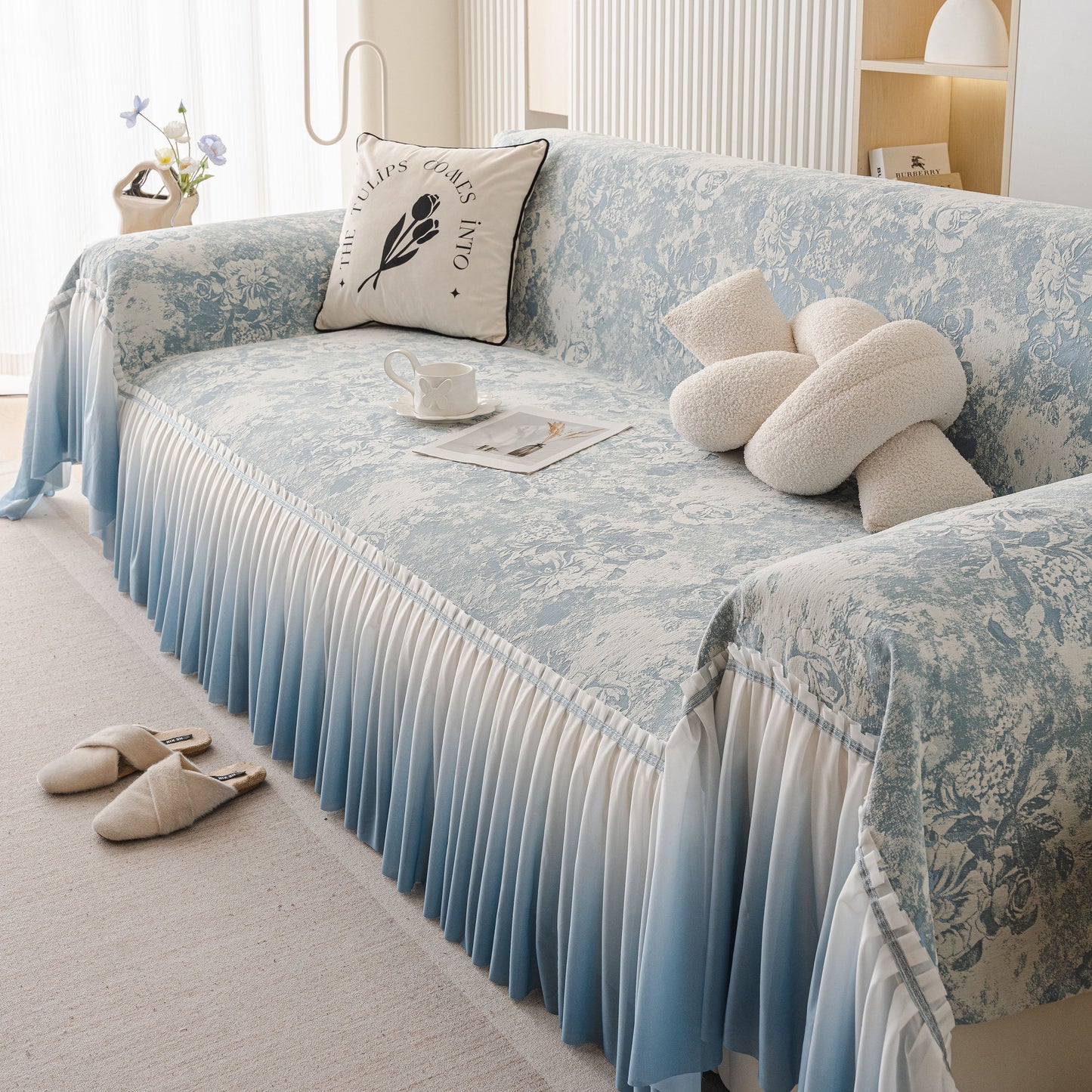 French Chic Style Ruffle Rose Cover Throw for Sofas, Decorative Sectional Covers