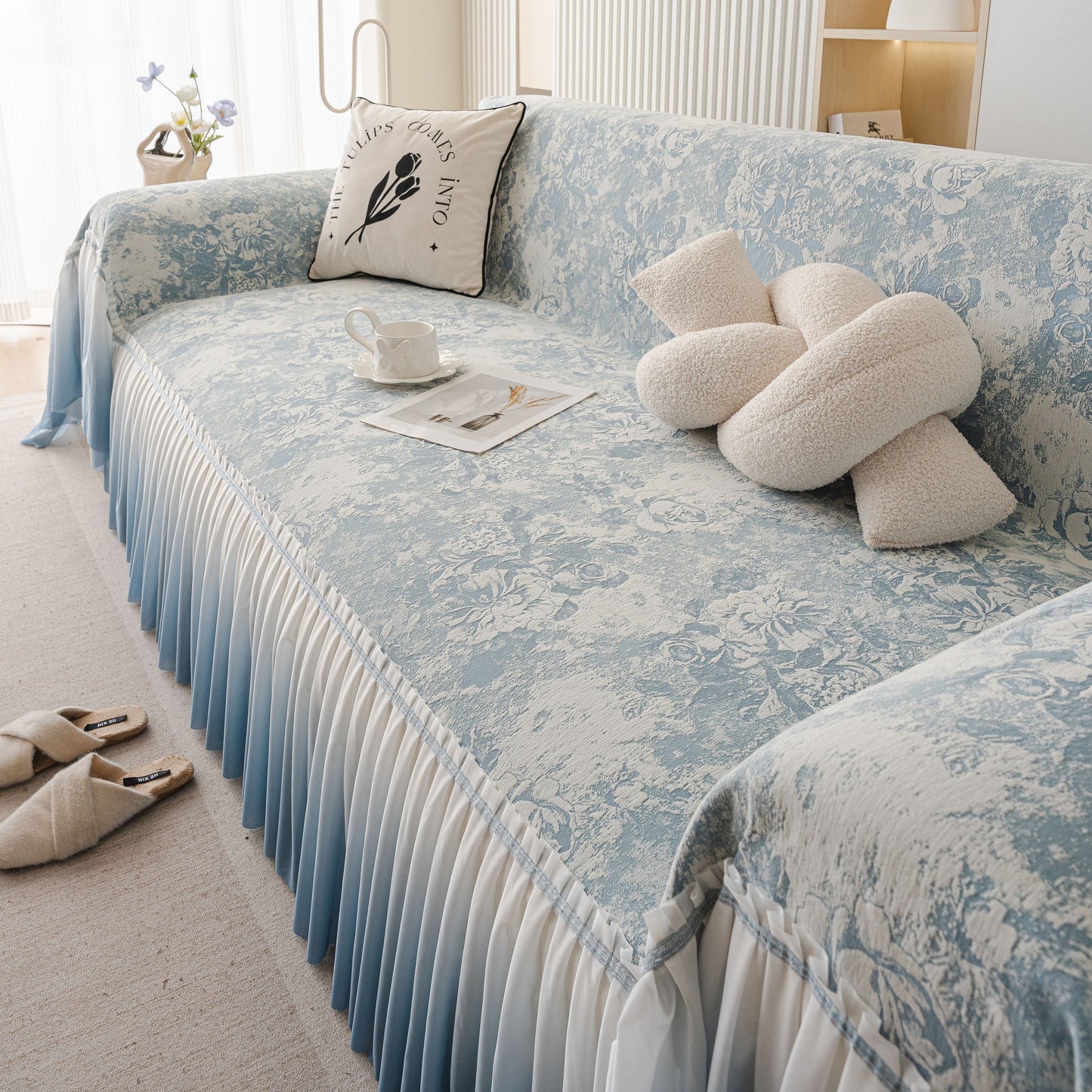 French Chic Style Ruffle Rose Cover Throw for Sofas, Decorative Sectional Covers