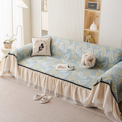 Leaf Jacquard Sofa Cover with Ruffle Skirt – Non-Slip Couch Protector with Sheer Hem
