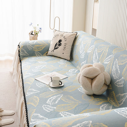Leaf Jacquard Sofa Cover with Ruffle Skirt – Non-Slip Couch Protector with Sheer Hem