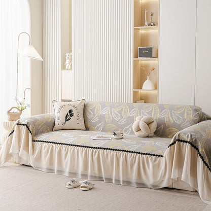 Leaf Jacquard Sofa Cover with Ruffle Skirt – Non-Slip Couch Protector with Sheer Hem