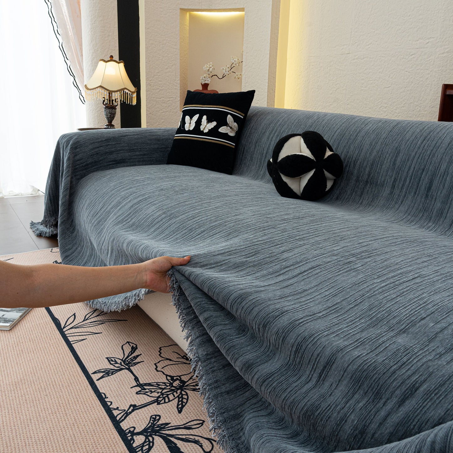 Washable Textured Sofa Cover Throw for Pets, Dogs Furniture Protector with Tassels