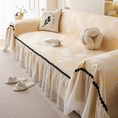 Leaf Jacquard Sofa Cover with Ruffle Skirt – Non-Slip Couch Protector with Sheer Hem