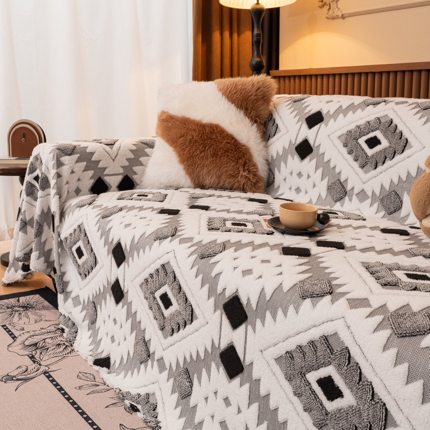 Bohemian Tufted Sofa Cover, Soft Sherpa Fleece Throw Blanket with 3D Aztec Geometric