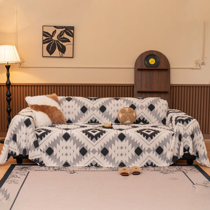 Bohemian Tufted Sofa Cover, Soft Sherpa Fleece Throw Blanket with 3D Aztec Geometric
